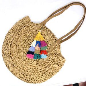 CoCopeanut Purse Beige Woven Straw Round Palomino Colorful Tassels Summer Bag